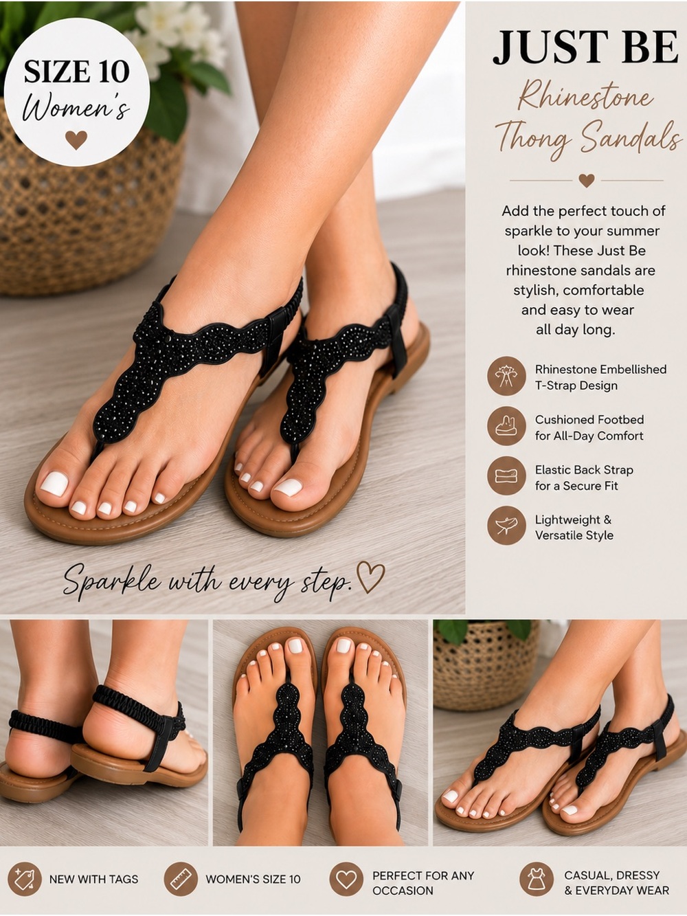 just be Black Rhinestone T-Strap Thong Sandals